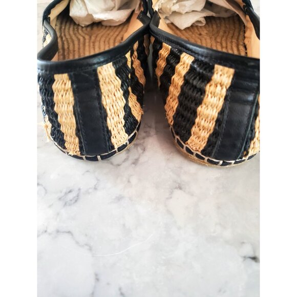 Black Natural Raffia Espadrilles Loeffler Randall Flat Woven Leather Trim Size 6 - Picture 6 of 10